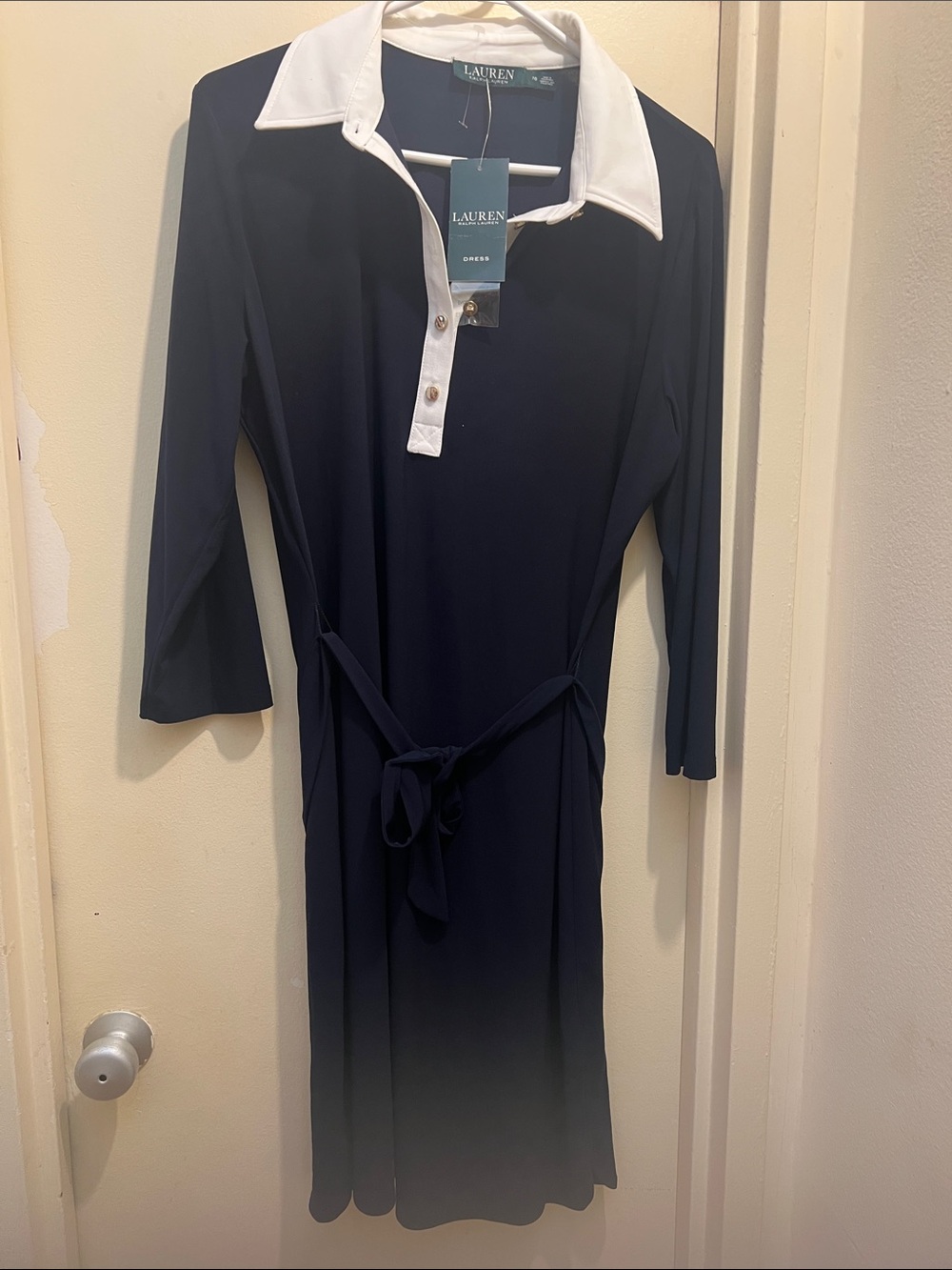 Lauren Ralph Lauren Navy Dress with White Collar and Tie Waist